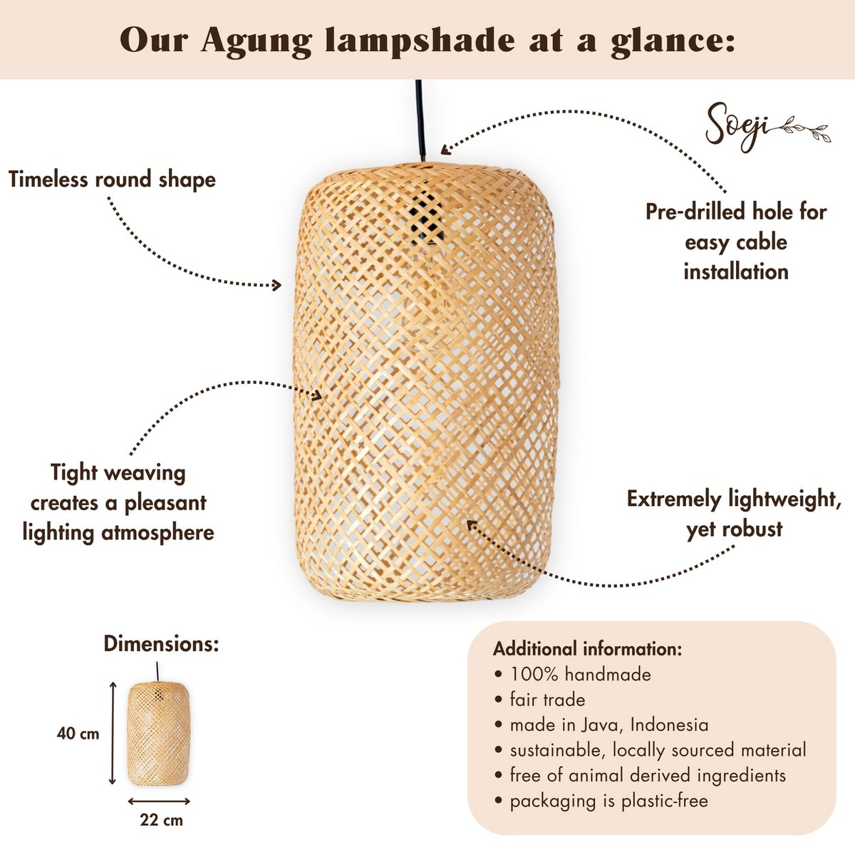 Woven Bamboo Lampshade – Handmade Pendant Lamp AGUNG (Ø 22 cm) – Soeji (foto 4 van 5)