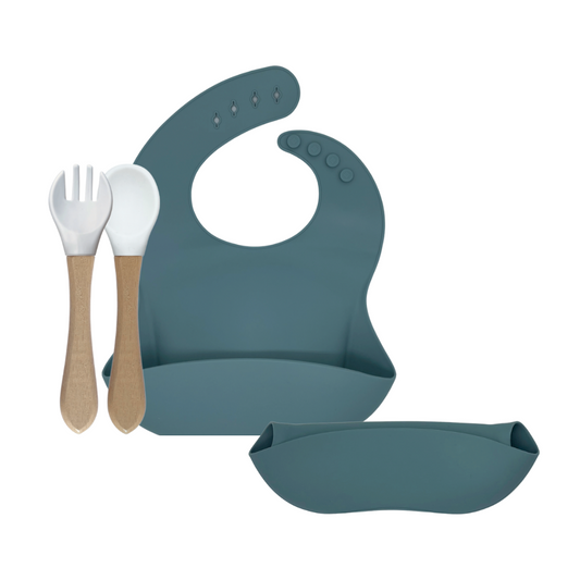 Green-Goose Siliconen Slabbetje en Bamboe Bestek - Petrol