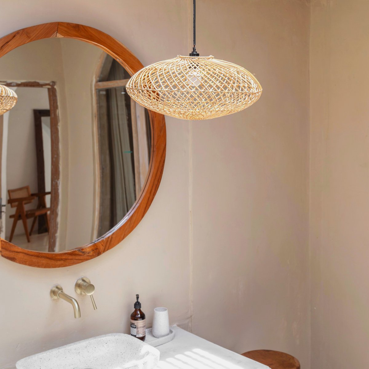 Rattan lampenkap-Boho hanglamp-Natuurlijke plafondlamp-schijfvormige lamp-plat handgeweven plafondlicht (Ø 40 cm) arana – Soeji (foto 2 van 6)