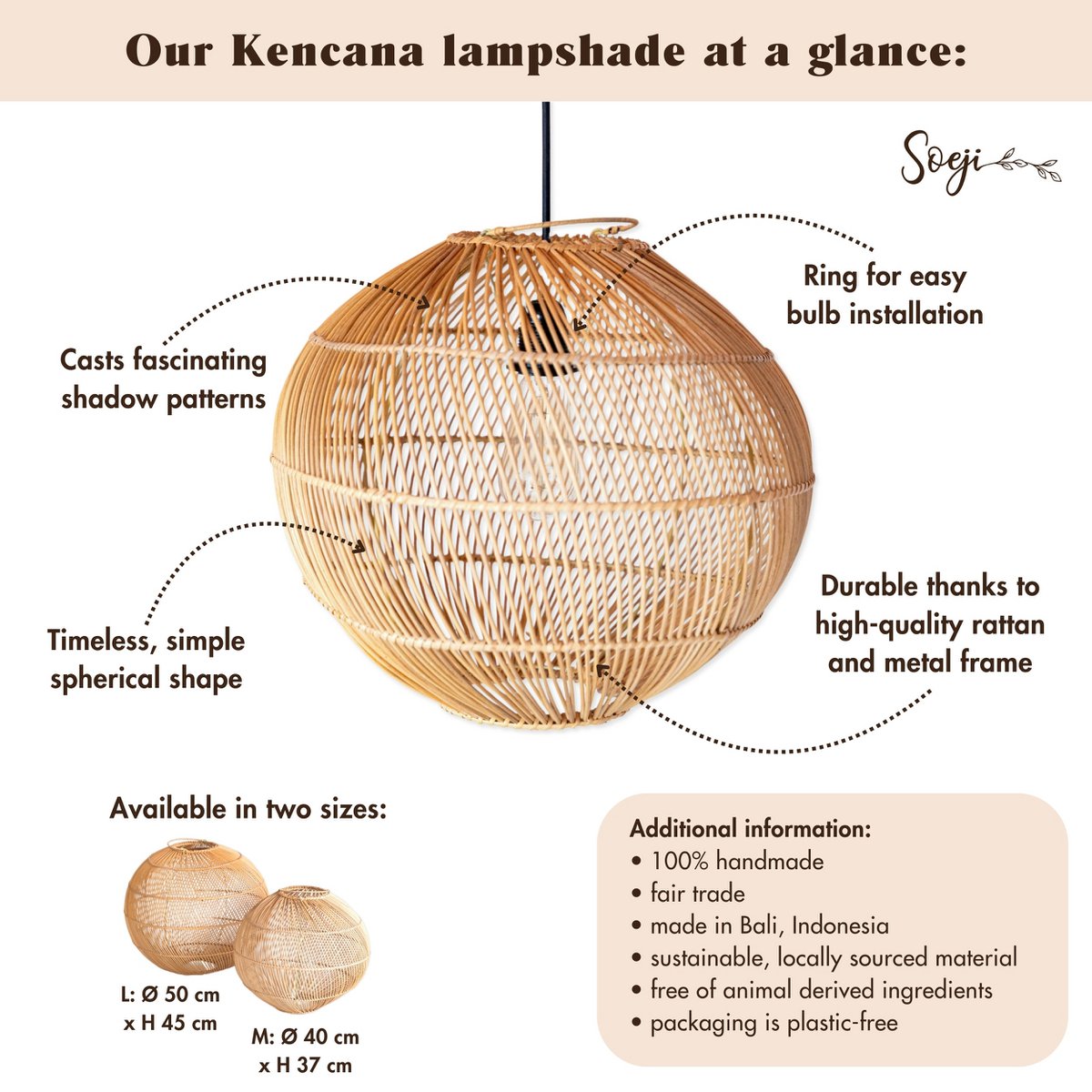 Round Rattan Lampshade - Boho hanglamp Modern - Handgemaakte plafondlamp - Sferische natuurlijke hanglamp (Ø 40/50 cm) Kencana – Soeji (foto 5 van 6)