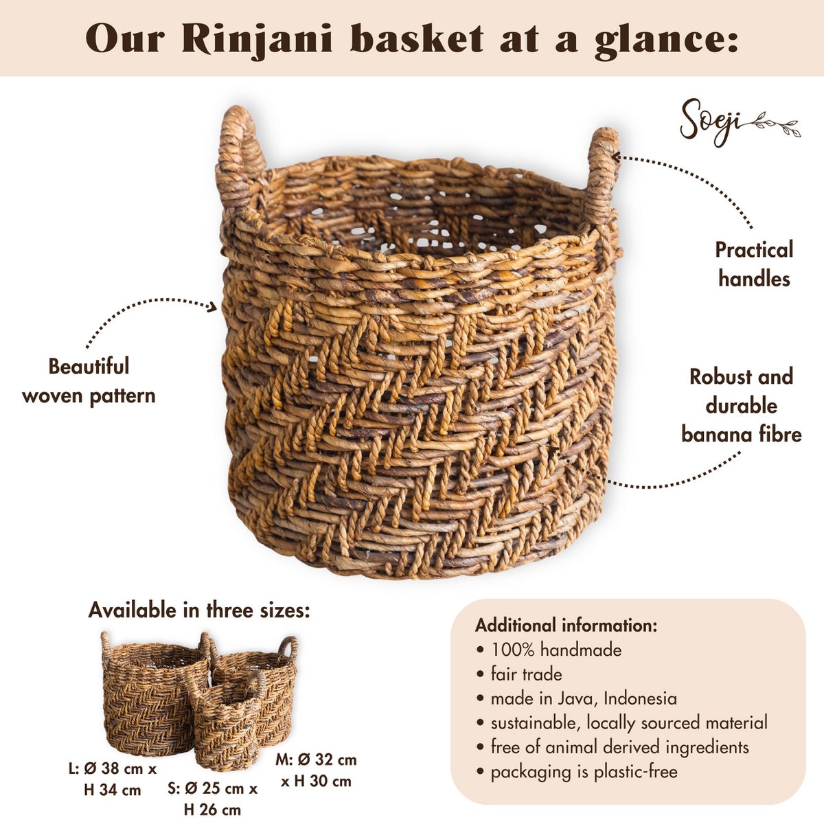 Boho Wasserij of plantenmand - Ronde geweven opslagmand - Decoratieve mand gemaakt van bananenvezel (3 maten Ø 25/32/38 cm) Rinjani – Soeji (foto 7 van 8)