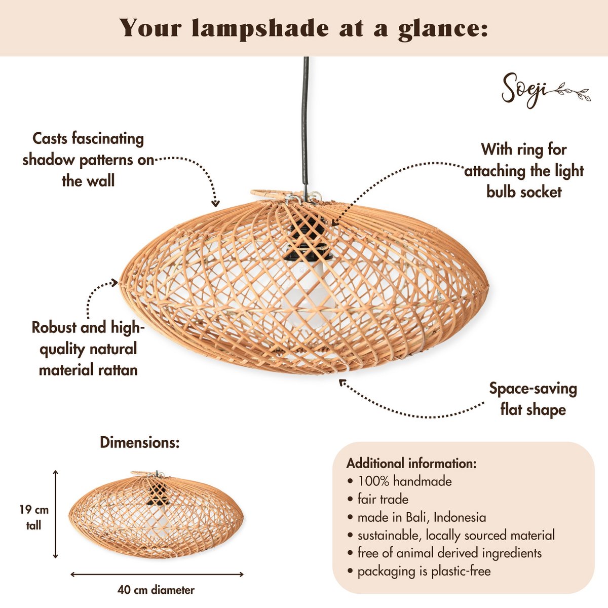 Rattan lampenkap-Boho hanglamp-Natuurlijke plafondlamp-schijfvormige lamp-plat handgeweven plafondlicht (Ø 40 cm) arana – Soeji (foto 6 van 6)