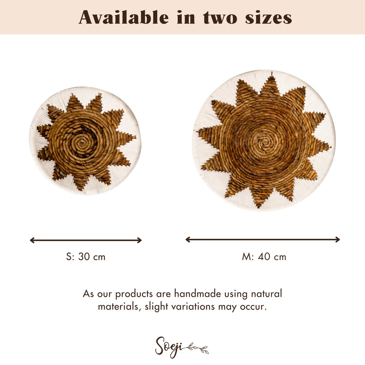 Ronde Boho Wandmand – Geweven Wanddecoratie – Decoratieve Schaal – Geweven Wandbord met Geborduurd Sterpatroon ADARI (2 maten, Ø30/40 cm) – Soeji (foto 8 van 9)