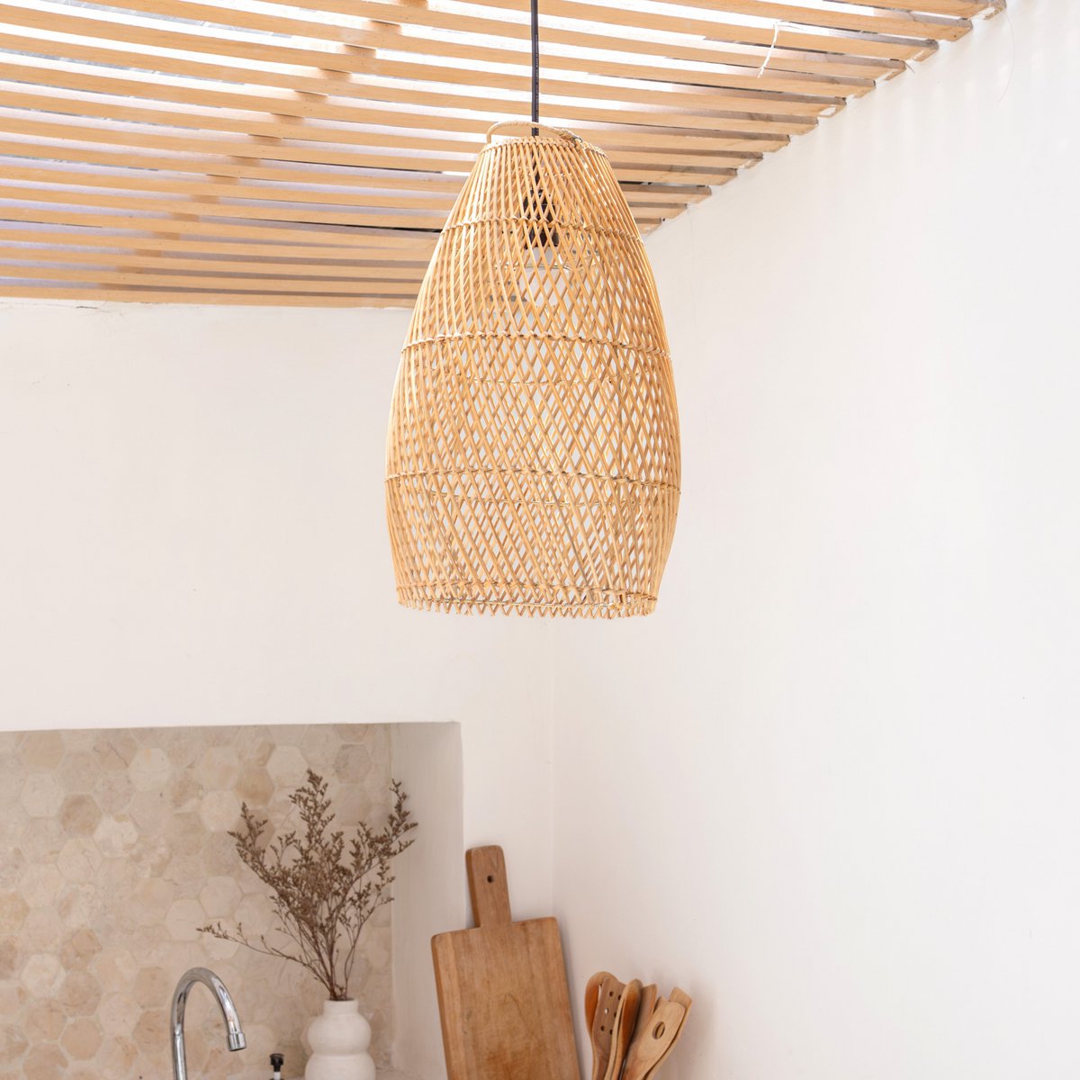 Rotan plafondlamp Boho lampenkap TABUNG – Soeji (foto 4 van 5)