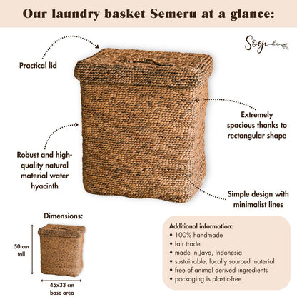 Grote wasmand met deksel - decoratieve geweven bruine mand - rechthoekige wasmand - boho mand handgemaakt van water hyacint semeru