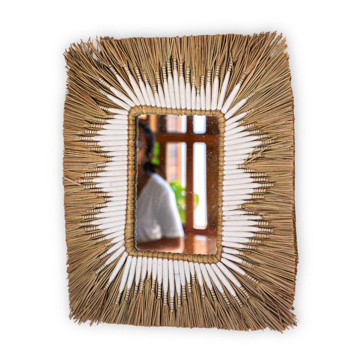 Zeegraswandspiegel - rechthoekige boho -hangende spiegel - randwandspiegel met wit katoenpatroon 60x50 cm kirana – Soeji (foto 3 van 5)