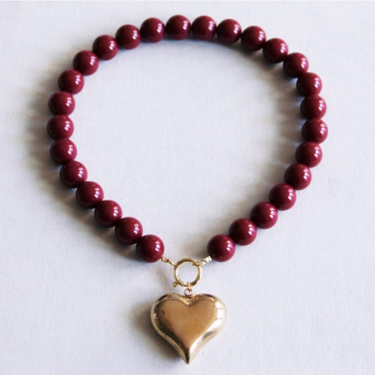Kralenketting XXL & hartbedel - cerise