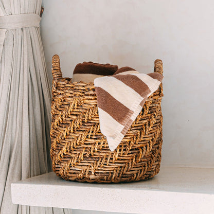 Boho Wasserij of plantenmand - Ronde geweven opslagmand - Decoratieve mand gemaakt van bananenvezel (3 maten Ø 25/32/38 cm) Rinjani