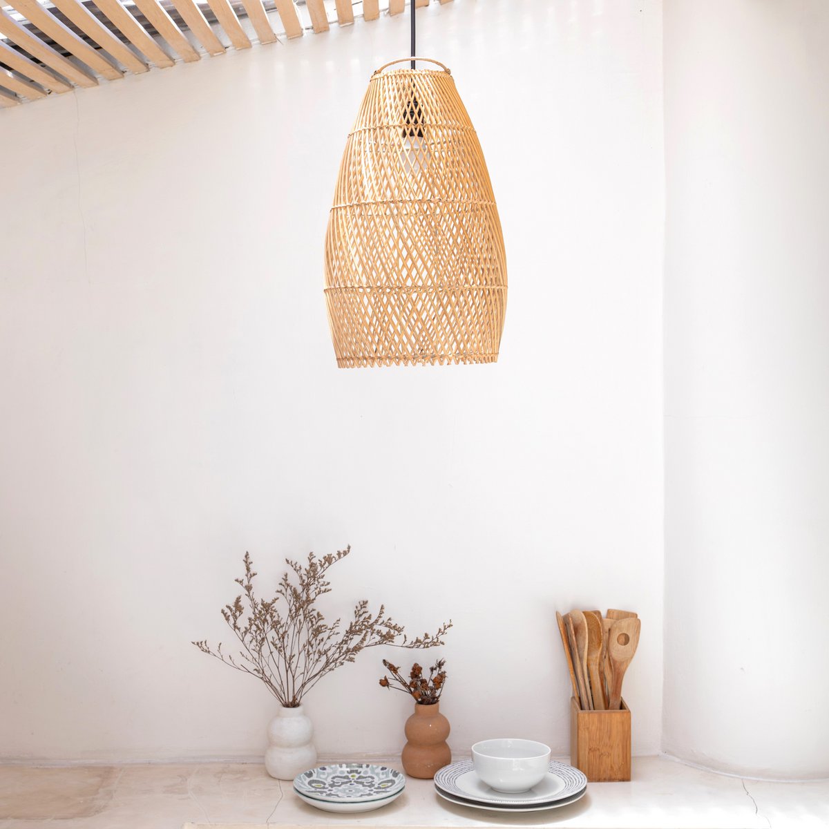 Rotan plafondlamp Boho lampenkap TABUNG – Soeji (foto 2 van 5)
