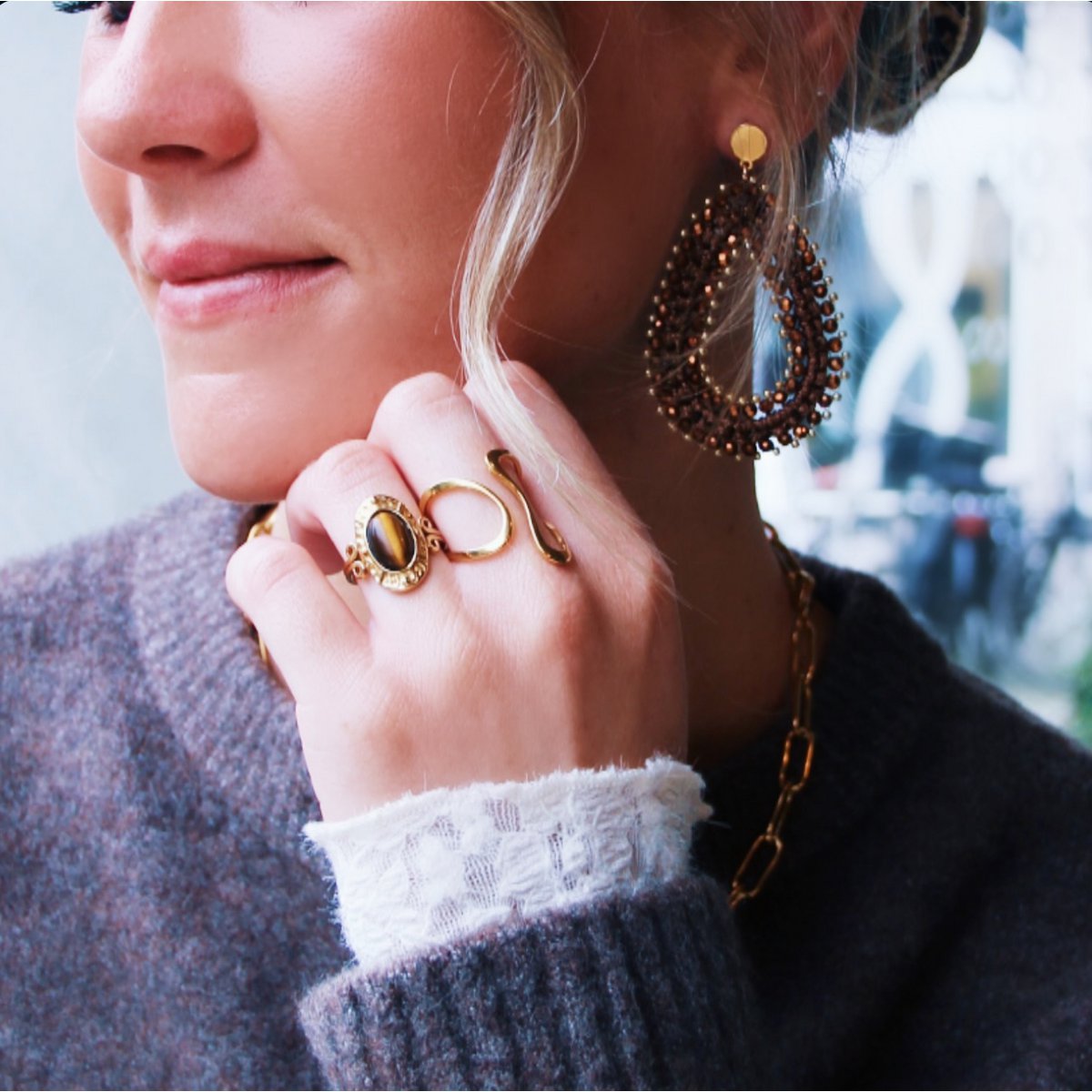 Statement ring met ovale steen – Bruin