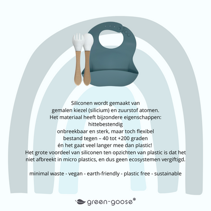 Green-Goose Siliconen Slabbetje en Bamboe Bestek - Petrol