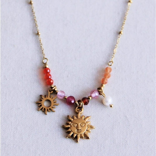 Fijne bedelketting met facetten, zon en parels - roze/rood/oranje
