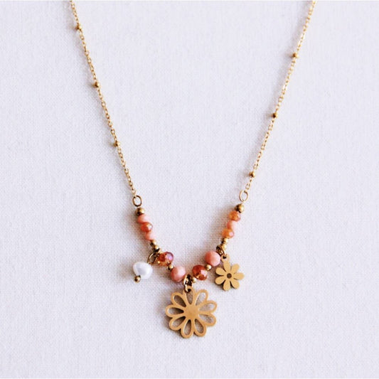 Fijne bedelketting met facetten, bloem en parels - naakt
