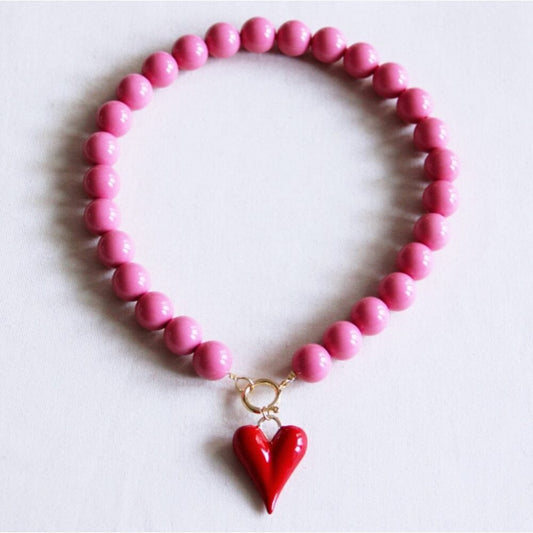 Kralenketting XXL & rood hart - roze