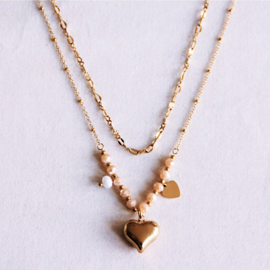 Gefacetteerde dubbele ketting met hartjes en parel - beige
