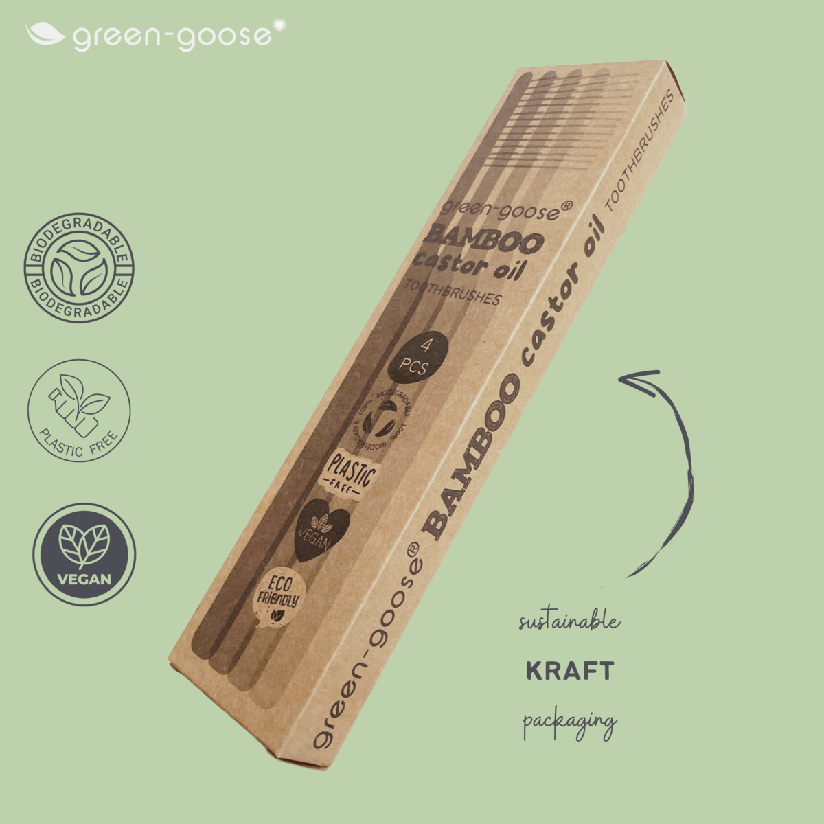 Green-Goose Bamboe Tandenborstels – Castorolie Haartjes | 4 Stuks | 100% Afbreekbaar